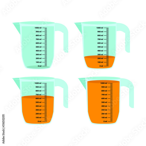 Scale measuring jug. different litre liquid. Beaker for chemical experiments in the laboratory. Vector illustration