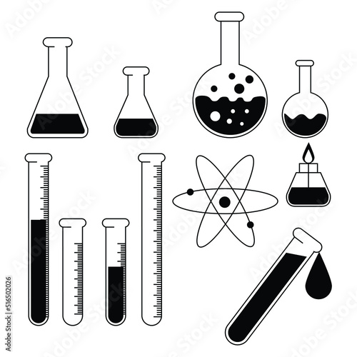 Chemical laboratory flasks, tubes, and retorts, chemistry science vector equipment. Lab glassware and glass containers for medical research experiments, test tube stands. science lab equipment.