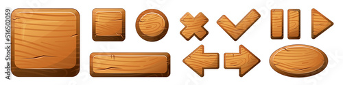 Wooden buttons for user interface design in game, video player or website. Vector cartoon