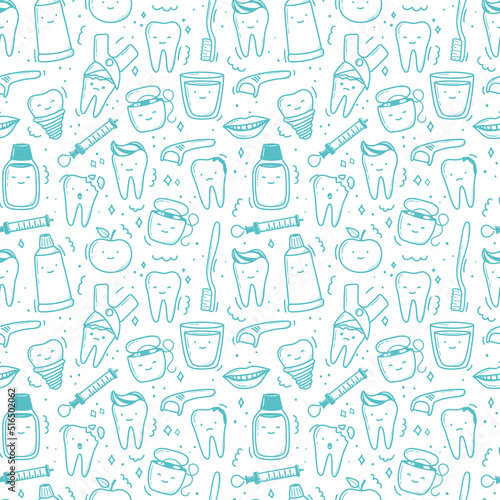 kawaii teeth pattern hand drawn in doodle style. cute linear simple illustrations.