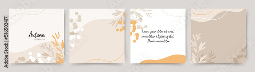 Autumn pastel beige orange square backgrounds with simple leaves. Minimalistic style with floral elements. Vector template for card, banner, invitation, social media post, poster, mobile apps, web ads