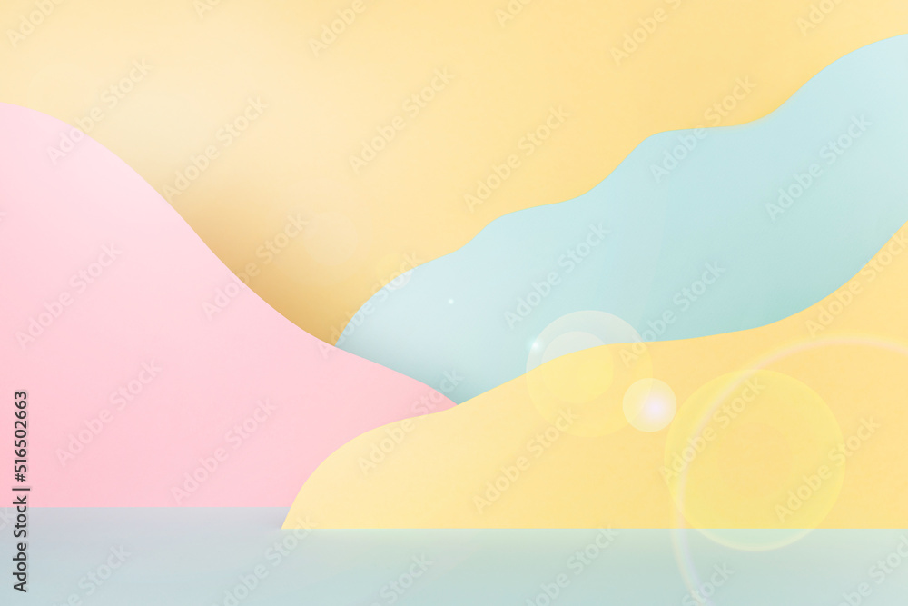 Fantasy cartoon landscape - abstract scene mockup with paper mountains in pink, yellow, mint color, sun beam glare. Template for advertising, design, card, presentation of cosmetic, goods, poster.