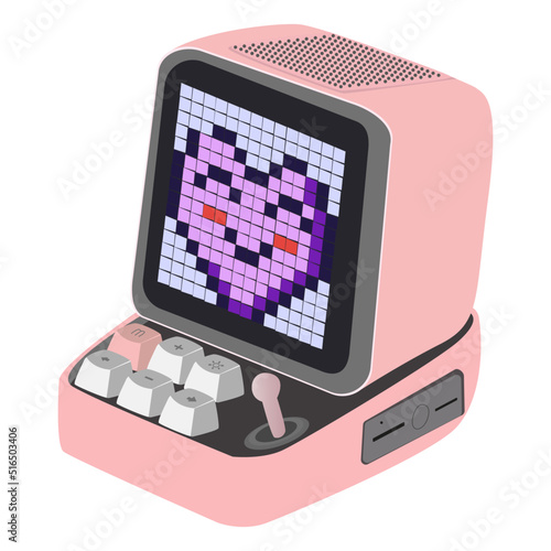 Vector flat illustration. Portable wireless trendy pink speaker isolated on white background. A new model of a column with a screen in a pocket. The concept of listening to music on the street.