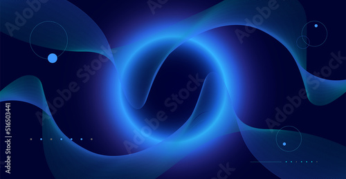 Neon illuminated frame. Abstract space bright color circle. Glowing neon lighting on a dark background with dynamic lines.