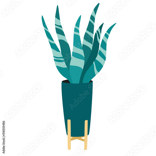 Potted house plant. Foliage houseplant growing in flowerpot. Green leaf decoration for home interior. Natural indoor decor. Hand draw vector illustration isolated on white background