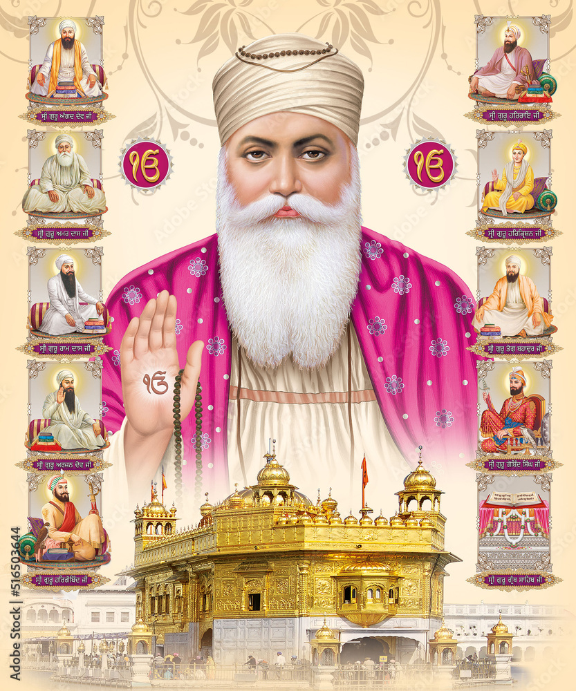Dus Guru, Guru Nanak, Golden Temple, Digital Wall Poster - obrazy, fototapety, plakaty 