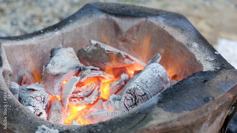 Close up of fire in the charcoal stove Close up of fire in the charcoal stove