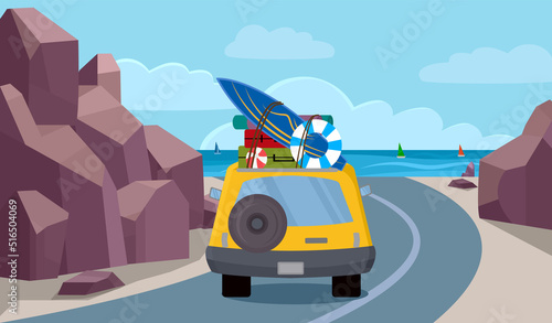 Yellow modern car with many luggages on top driving out of city to summer sea beach, moving along the ocean through rocky mountain, go to road trip travel, happy time adventures on holiday weekend, ve