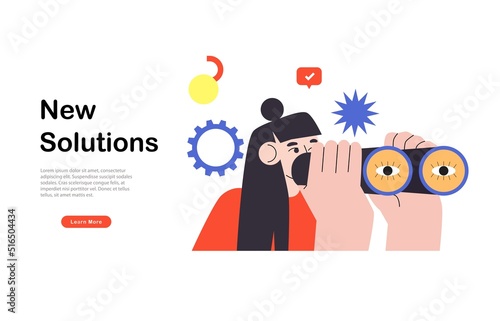  Explore career opportunities, woman looking trough binoculars searching for job or inspiration. Personal career growth, decision making flat vector illustration concept
