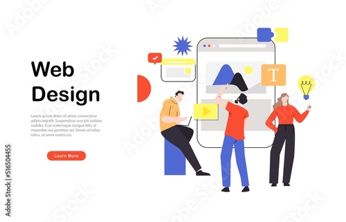  Web page design template for designing and programming vector illustration. Team working on mobile application, coding and prototyping web page. Web landing page design	