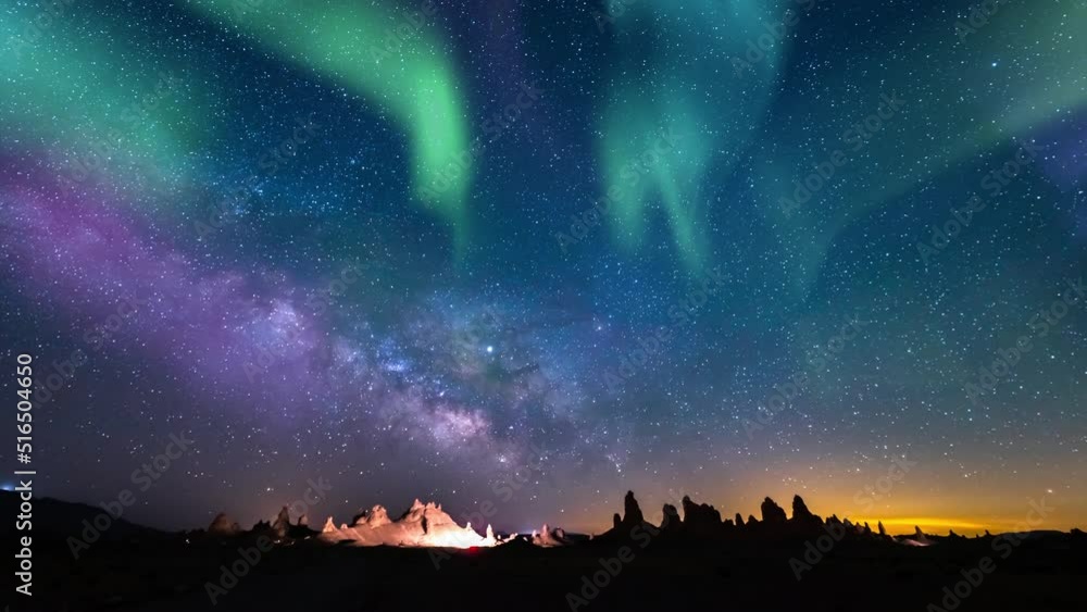 Aurora Green Purple and Milky Way Galaxy Trona Pinnacles Loop 14mm