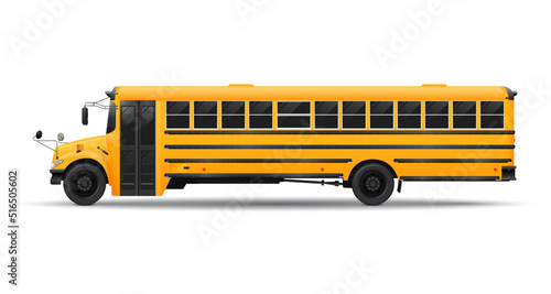 Classic yellow school bus. Side view isolated on white background.