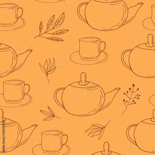 cups, teapot and leaves seamless pattern. hand drawn doodle. wallpaper, tablecloth, menu, wrapping paper, textiles, fabric. vector, scandinavian, nordic. dishes, kitchen, tea, coffee, drinks.