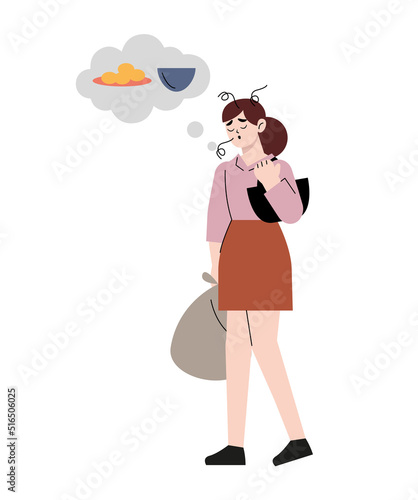 Business person on the way home from shopping who is hungry while thinking about menus with a tired expression. Flat drawn style vector design illustrations.