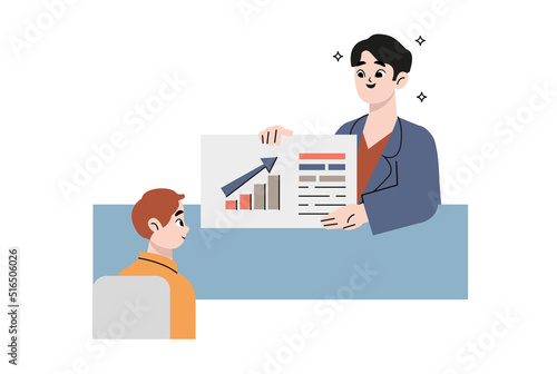 Vector illustration in flat style - man receiving an explanation from a consultant 