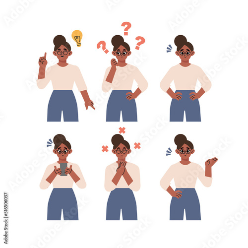 Vector illustration in flat style - problem solving concept - woman thinking - with question mark and light bulb icons-creative idea -  various facial expressions and poses. Vector design illustration