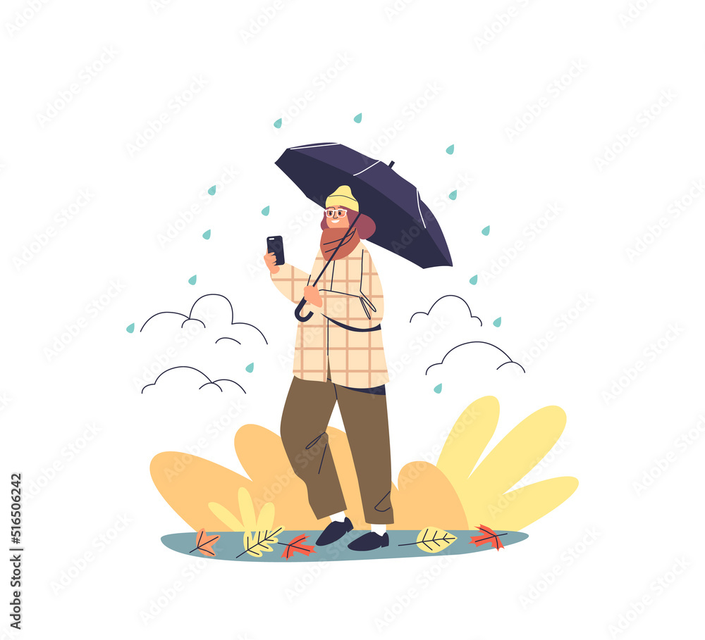 Young woman walk in autumn park under umbrella enjoy rainy weather. Happy hipster girl take selfie