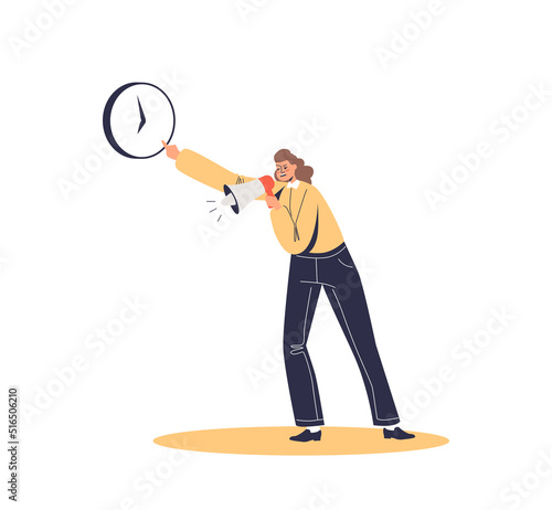 Angry female boss with megaphone scream pointing at time. Missing deadline and bad time management