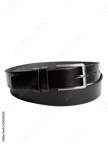 black men's leather belt on isolated white background