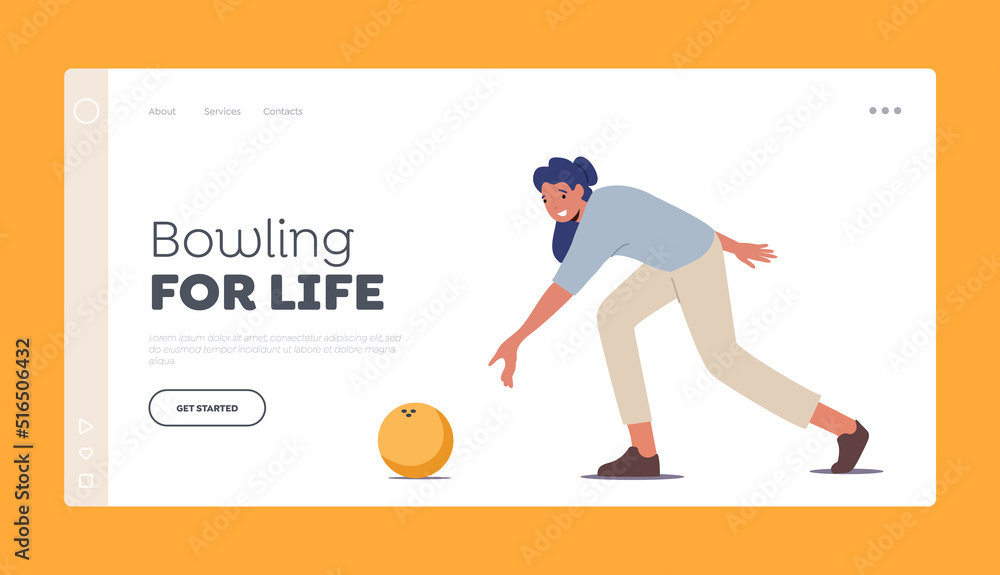Leisure, Active Lifestyle Landing Page Template. Female Character Playing Bowling, Throw Ball to Hit Pin. Woman Activity