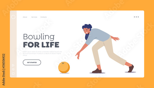 Leisure, Active Lifestyle Landing Page Template. Female Character Playing Bowling, Throw Ball to Hit Pin. Woman Activity © Hanna Syvak