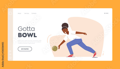 Landing Page Template. Kid Character Playing Bowling, Little African Girl Wearing Shoes Spend Time in Bowling Club