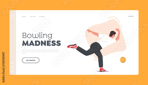 Bowling Club Landing Page Template. Man Player Throw Ball on Lane Hit Pins. Bowler Male Character Spend Time on Weekend