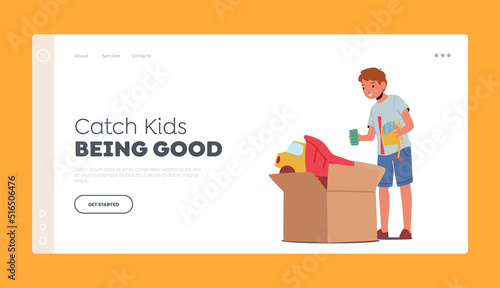 Kids Fun Landing Page Template. Little Boy Taking Toys from Big Carton Box. Child Character Playing Activity Infant Game
