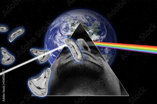 фотографія Digital collage with face of man, clocks and planet Earth on background