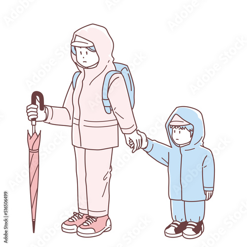 豪雨災害による避難時の服装のイメージイラスト（母親と子供）