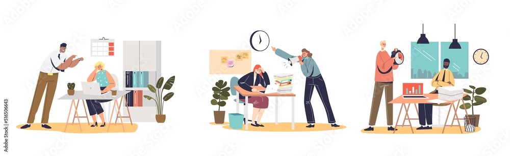 Fototapeta premium Deadline and angry boss set with leader businesspeople shouting at stressed employees