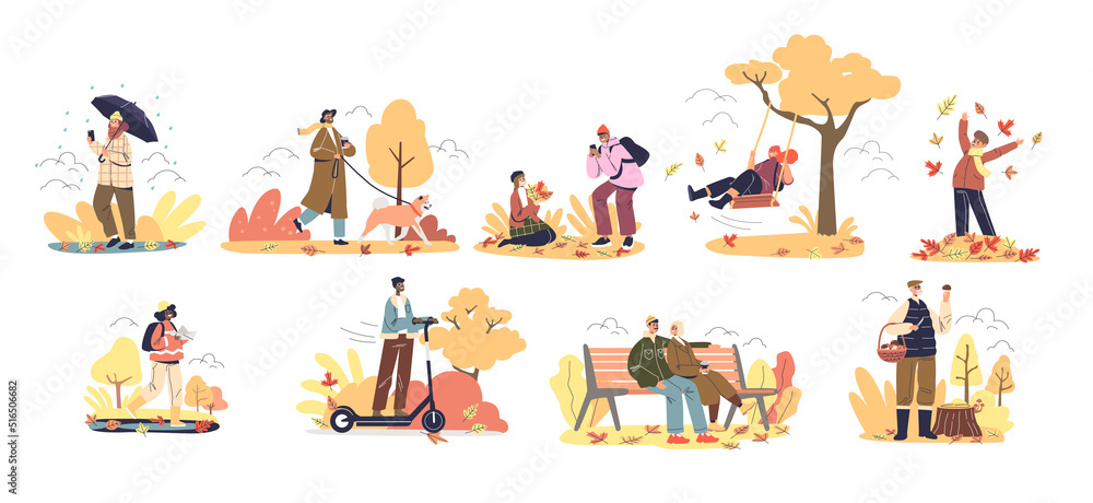 Outdoor autumn activities set with people enjoy walking in park, playing with yellow leaves relax
