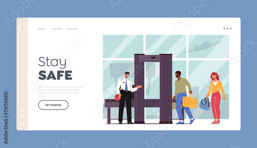 Airport Security Conveyor Belt Scanner Landing Page Template. Terminal Detector with Traveler Characters and Baggage