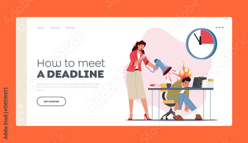 Deadline in Office Landing Page Template. Angry Furious Boss Female Character Yelling at Male Employee, Worker in Stress