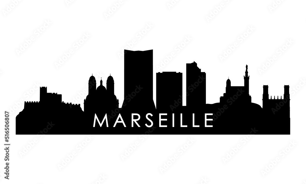 Marseille skyline silhouette. Black Marseille city design isolated on white background.