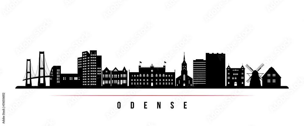 Odense skyline horizontal banner. Black and white silhouette of Odense, Denmark. Vector template for your design.