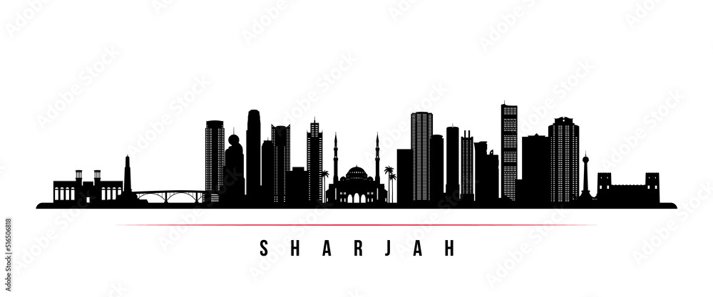 Sharjah skyline horizontal banner. Black and white silhouette of Sharjah, UAE. Vector template for your design.