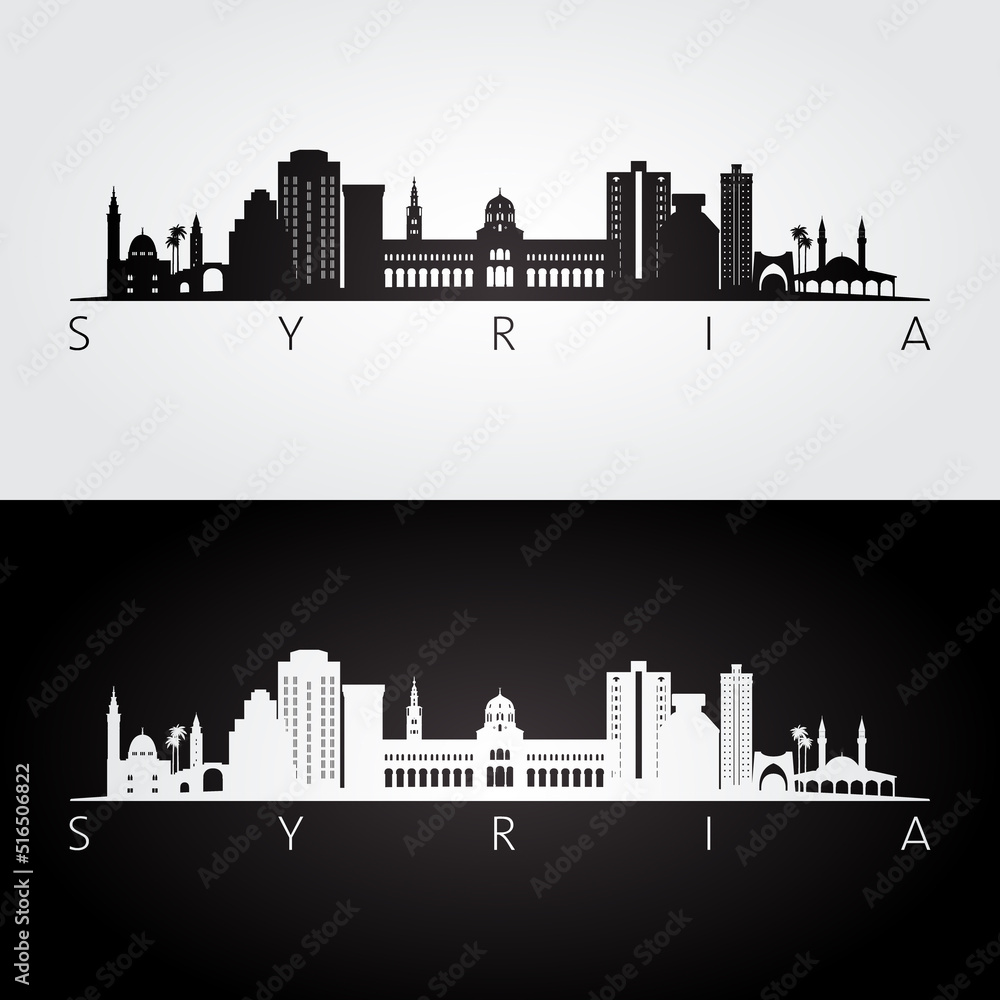 Syria skyline and landmarks silhouette, black and white design, vector illustration.