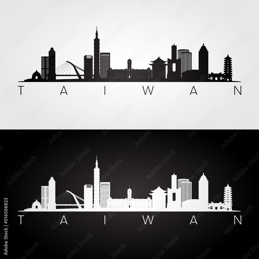 Taiwan skyline and landmarks silhouette, black and white design, vector illustration.