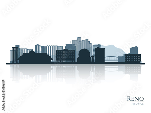 Reno skyline silhouette with reflection. Landscape Reno, Nevada. Vector illustration.