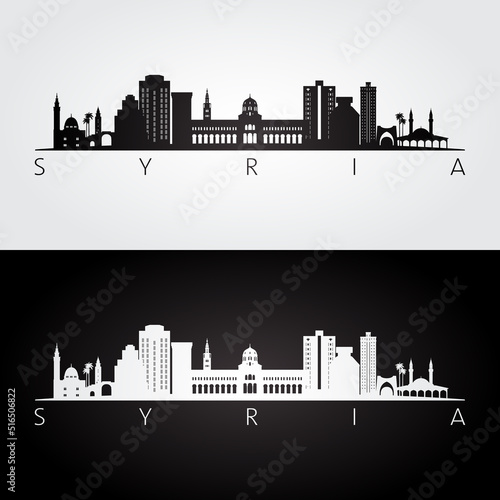 Syria skyline and landmarks silhouette, black and white design, vector illustration.