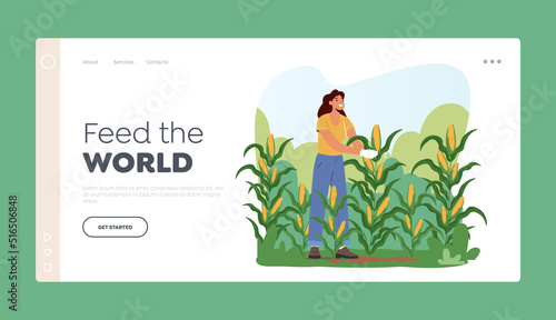 Farm Production Landing Page Template. Woman Farmer Harvesting Corn on Field. Gardener Female Character Working