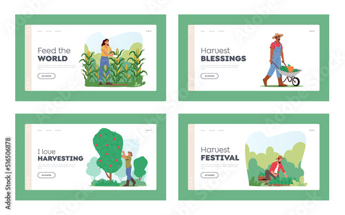 Characters Harvesting Landing Page Template Set. Gardeners Collecting Fruits and Vegetables Crop, Farm Production