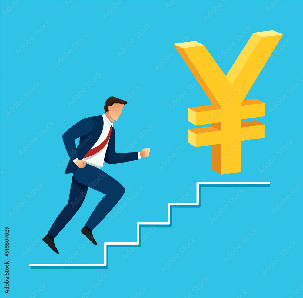 businessman running to Japanese Yen dollar icon businessman running to Japanese Yen dollar icon