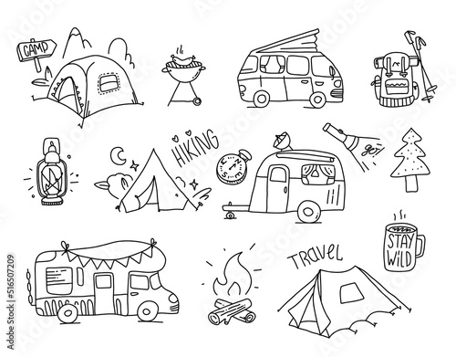 Hand drawn hiking illustration. Camping outdoor doodle set. Wild adventure equipment. Navigation and camp cartoon simple vector collection.