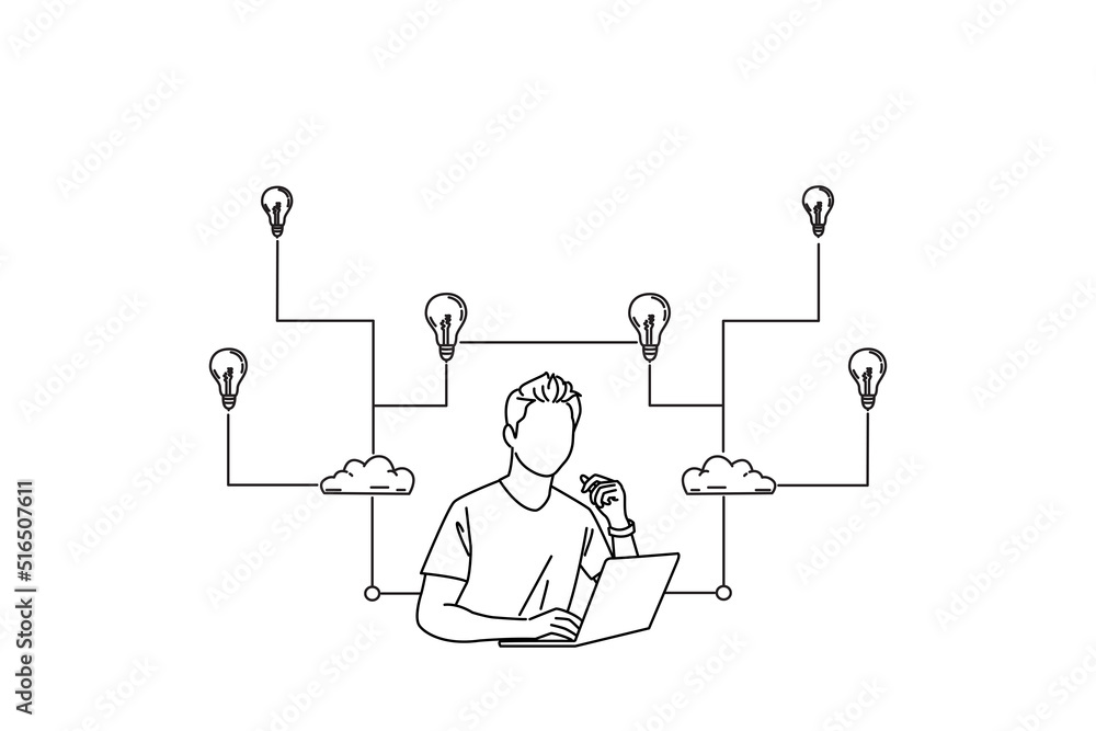 Illustration of businessman sitting with laptop working on project having great innovative Illustration of businessman sitting with laptop working on project having great innovative