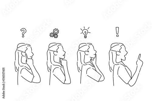 Illustration of Side view sequence of a woman thoughtful, thinking, finding solution with gear mechanism photo