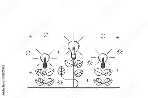 Drawing of plants with light bulbs, concept for growing ideas, creative work