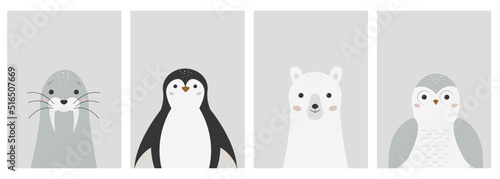 Cute portraits of Arctic animals. Cartoon walrus, polar bear, polar owl and penguin. Wall art nursery. Set baby posters. Hand drawn kids print. Minimalistic Scandinavian design