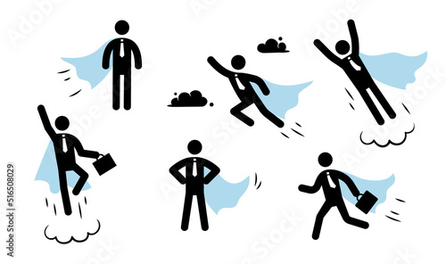 Superhero business pictogram man icon set. Superhero businessman flying stick figure. Victory worker, employer pictogram person. Vector illustration.